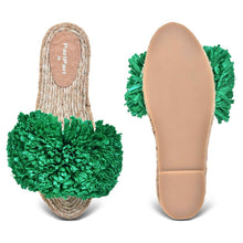 Load image into Gallery viewer, A pair of Rhim Jhim Sandals Green-Open Toes Flat showcasing shoes for women against a white background where one Espadrilles is shown from the sole side

