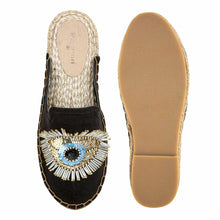 Load image into Gallery viewer, A pair of Evil Eye Glare Espadrilles Charcoal Flat, against a white background where one is shown from the sole side
