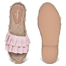 Load image into Gallery viewer, A pair of Majorica Sandals Blush Pink Ladies Flat, against a white background where one is shown from the sole side
