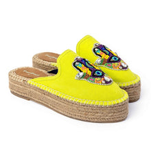 Load image into Gallery viewer, a side view of a pair of Hamsa green espadrilles platform having evil eye protector design on a white background.

