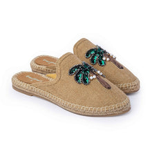 Load image into Gallery viewer, A pair of Coco Beige Espadrilles with palm tree design featuring juttis for women kept on a white background

