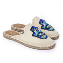 Load image into Gallery viewer, a side view of a pair of Hamsa off-white espadrilles flats having evil eye protector design on a white background
