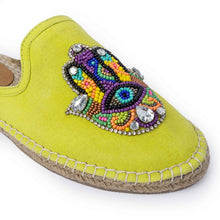 Load image into Gallery viewer, A photo of single Hamsa green espadrilles flat having evil eye protector design, kept on a white background.
