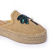 Load image into Gallery viewer, A single Coco Beige Espadrilles Platform with palm tree design featuring jfootwear for women kept on a white background
