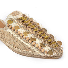 Load image into Gallery viewer, Photo of Ibiza Espadrilles Flats, featuring a beige canvas upper with yellow and silver stripes on the platform sole. 
