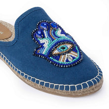 Load image into Gallery viewer, Single photo of Hamsa Blue espadrilles flats having evil eye protector design on a white background
