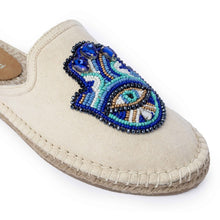 Load image into Gallery viewer, A single photo of a Hamsa off-white espadrilles flat having evil eye protector design on a white background
