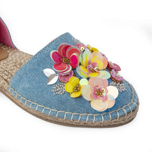 Load image into Gallery viewer, A single photo of blue carnation Tie-up Espadrilles, featuring colorful flowers on a white background.
