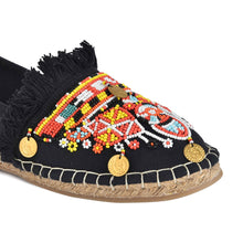 Load image into Gallery viewer, A close view of Masai Beaded Espadrilles Black shoes for women

